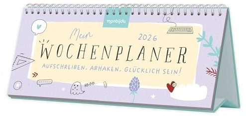 Mein Wochenplaner 2026: Aufschreiben, abhaken, glücklich sein! - Kalender 2026 zum Aufstellen mit Wochenübersicht auf zwei Seiten & Motivationssprüchen - Spiralbindung 13,8 x 28 cm