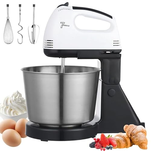 Batteur électrique,Fouet Electrique avec 3 Vitesse,Mixeur à Main,Parfait pour les Pâte à Biscuits et Gâteaux,Batteur Electrique Cuisine,100W,7 Accessoires Gratuits,Sans Éclaboussures (Blanc)