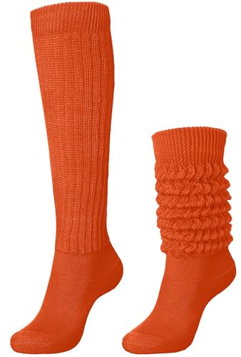 Glitopper Slouch Slouchy Socks Pack Knee High Scrunch 80s 90s Stacked Boot Socks, Orange, 8-10 UK