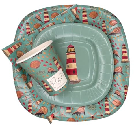 PartyBIO Set Faro 220 Pezzi Stoviglie Biodegradabili Monouso per Feste – Piatti Carta, Bicchieri, Tovaglioli Compostabili per 40 Persone – Ecologiche, Usa e Getta, per Compleanni, Eventi, Picnic