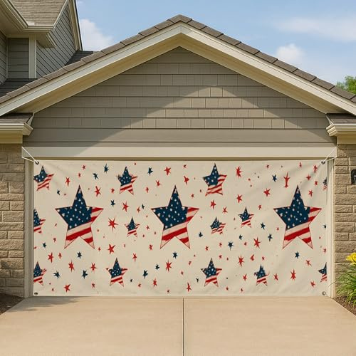 Cubierta de puerta de garaje con estrellas patrióticas, decoración de bandera de lona grande, decoración para exteriores de todo Estados Unidos, decoración del día de la independencia de verano, 157 x