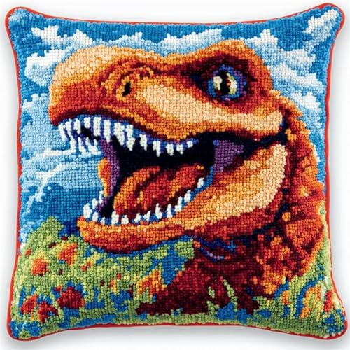 WallustrioaW Knüpfen Kissen Set,Tierischer Dinosaurier,Latch Hook Kissen Kit Knüpfteppich Knüpfpackung Set,Sofakissenbezug Handgemachte Geschenke,43x43cm