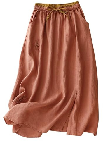 Faldas de lino para mujer con bolsillos, falda larga de verano para mujer, cintura elástica, faldas largas bordadas para mujer, vestidos bohemios acampanados, casuales, lisos, rosa, M