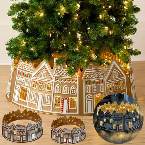 Christmas Tree Collar, Gingerbread House LED Christmas Tree Collars, Christmas Tree Skirt Stand Base Cover with Lights Cute Gingerbread Xmas Decorations for New Year Holiday Party Decor (23.6 in)