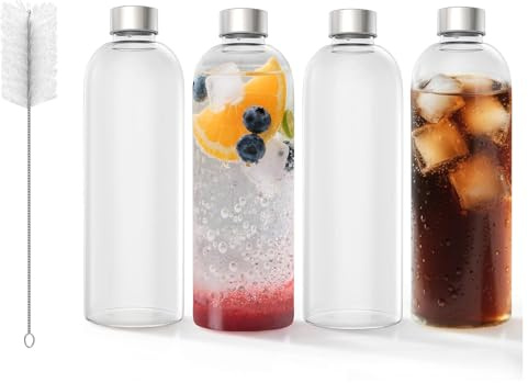 UISEBRT Glastrinkflasche 1000ml – Wasserflasche aus Borosilikatglas mit Edelstahldeckel im 4er Set – auslaufsicher, spülmaschinenfest, temperaturbeständig – ideal für Zuhause, Schule & Outdoor