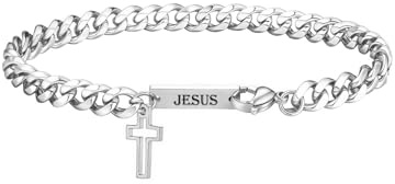 Zysta Armband Herren Personalisiert Kreuz Silberarmbänder Dünne Kettenarmband für Männer Sohn Papa Freund (cuban link)