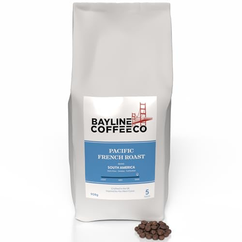 Super Strong Dark French Roast Coffee Beans 908g - Pacific French Roast - Bayline Coffee Co - US West Coast Bay Style For Cafetiere Filter Bean To Cup V60 & Espresso Machines - Strength 5