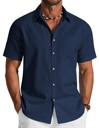 COOFANDY Camicia Uomo Manica Corta Estiva Camicia Casual Cotone Traspirante Mare Vacanze Blu Scuro M