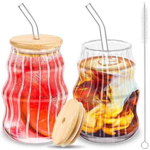 BUOAZR Juego de 2 Tazas de Café Helado, 530ML Taza de Agua Acanalada, Tazas de Jugo, con Tapa con Pajita de Vidrio y Cepillo, para Cerveza, Leche, Agua, Jugo, Café