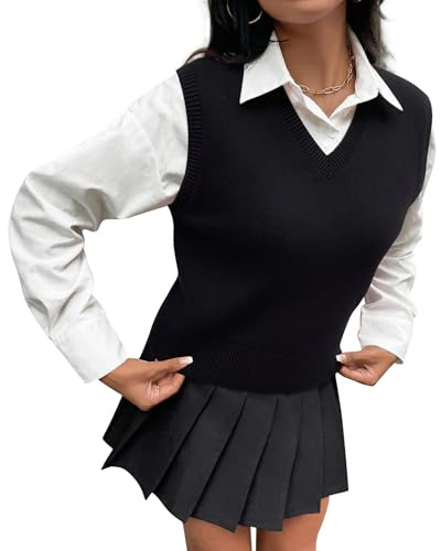 Barry.Wang Women's Black Sweater Vest V Neck Sleeveless Knitted Preppy Style Pullover Sweaters Tank Tops