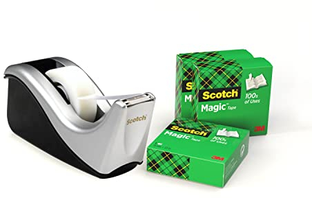 Scotch Klebebandabroller + 4 Rollen Scotch Magic Klebeband 19mm x 33m - Nachfüllbarer Klebebandabroller für Schule, Zuhause und Büro - Silber/Schwarz