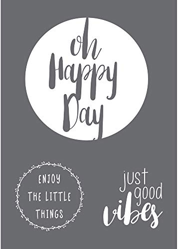 Rayher 45098000 Schablone Happy Day, Format DIN A4, mit Rakel, Siebdruck-Schablone, Malschablone, selbstklebend, Grau