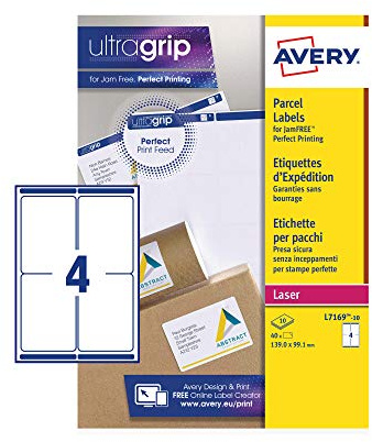 Avery Etiquetas autoadhesivas para direcciones de correo, impresoras láser, 4 etiquetas por hoja A4, 40 etiquetas, UltraGrip (L7169)