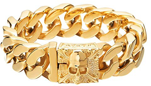 Flongo Herren-Armband Männer Armband Groß Panzerkette, Breit Edelstahl Armband Cuban Curb Kette Fahrradkette Silber Schwarz Gold Totenkopf Schädel Motorradfahrer Biker Herren-Accessoires