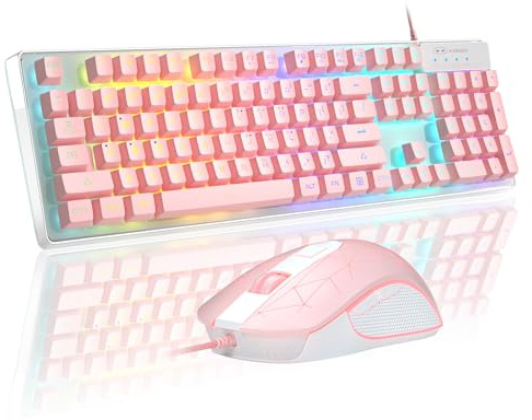 MageGee Tastiera e Mouse Retroilluminata | Tastiera Full Size a Membrana con Retroilluminazione LED | Mouse DPI Regolabile | Set Gaming USB Plug & Play (Rosa)