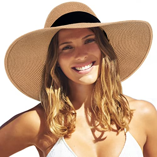 FURTALK Moderner Sommerhut für Frauen UV-Schutz Strohhut mit Breite Krempe Faltbar Sonnenhut UPF50+ Strandkappe