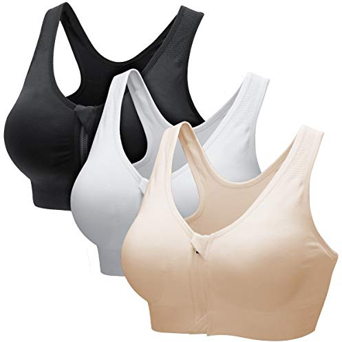 CARETOO Sport BH för kvinnor fram stängning Sport Post Operativ bh för Yoga Fitness - med dragkedja, Svart + Vit + Aprikos, L