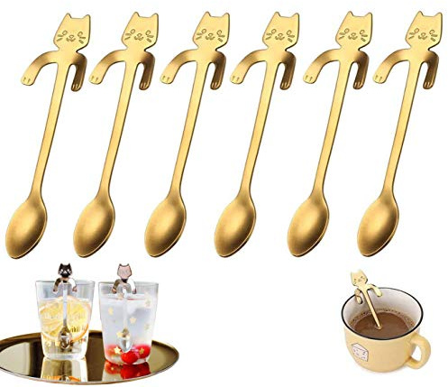 6 hochwertige katzenförmige Kaffeelöffel aus Edelstahl, Teelöffel mit hängendem Design für Katzen, Design für Wasser, Tee, Milch, Kaffee, Dessert, Getränke, gemischter Milchshake (golden)