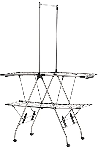 HOMCOM Séchoir à Linge étendoir Pliable avec roulettes Grand Espace d'étendage Acier Inoxydable 138,5 x 63 x 208 cm Argent Noir