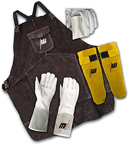 Schweißhandschuhe - Schweißerschürze - Schweißerärmel - Fingerschutz - Schutzkleidung SET - Leder - VECTOR WELDING