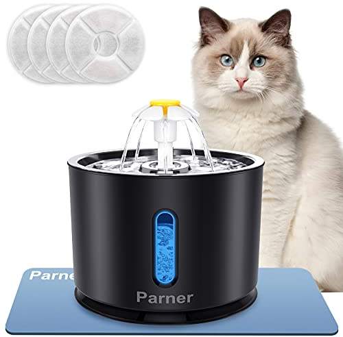 Parner Katzenbrunnen, Trinkbrunnen Wasserspender für Katzen mit Wasserstand Fenster, 2.4L Cat Water Fountain Rostfreier mit 4 Stück Hygienefilter & 1 Silikonmatte für Haustiere (WF09)