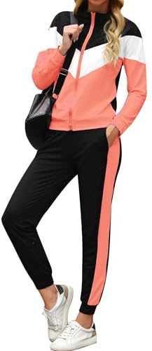 Marvmys Streatwear träningsoveraller för kvinnor, sportdräkt, fritidsoverall, joggingdräkt, dam, långärmad med dragkedja, fickor med dragsnöre,, B-rosaröd, L