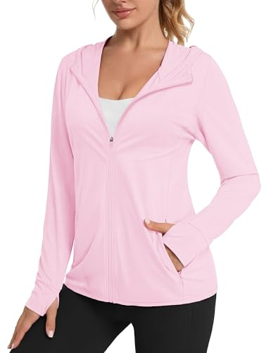 TACVASEN SPF Jackets for Women with Pockets Sun Protection Traveling Rash Guard Hoodie Shirts, Light Pink, L
