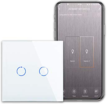 CNBINGO WiFi Smart Light Switch Work with Alexa, Google Assistant, Multi-Way Control by Smart Life App, Double Touch Light Switch, White Glass Panel, LED Backlight, 2-Gang, Neutral Wire Required