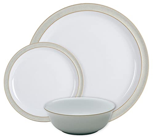 Denby - Juego de vajilla de lino blanco crema para 4 – 12 piezas de cerámica de gres – Vajilla apta para lavavajillas y microondas – Incluye 4 platos llanos, platos pequeños, cuencos de cereales