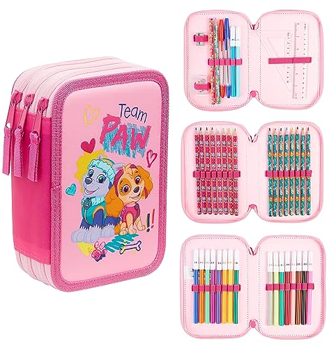 PAW PATROL Federtasche Gefüllt Kinder, Federmäppchen 2 Fächer oder mäppchen 3 fächer, Etui Schule mit Inhalt, Geschenk Grundschule Kindergarten (Rosa Dreifach-Reißverschluss)