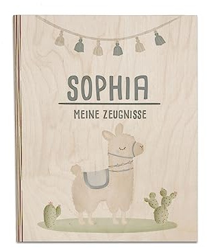 Personalisierte Zeugnismappe aus Birkenholz - Individuelles Geschenk zur Einschulung mit Namen - DIN A4 - Zeugnisringbuch Mädchen & Jungen - hellomini (Lama)
