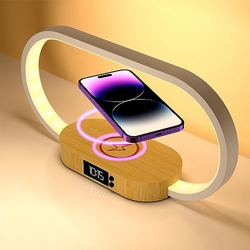 m zimoon Lampada da comodino con caricabatterie wireless veloce, lampada da camera da letto con orologio, lampade da tavolo per comodino, lampade touch per camera da letto, 3 modalità colore