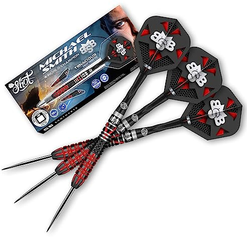 Shot! Steel Darts Michael Smith Bully Boy Tenacious 90% Tungsten Steeltip Darts Steeldart Hochwertige Tungsten Dartpfeile Set mit Schäften und Flights Made in Neuseeland (24 Gramm)