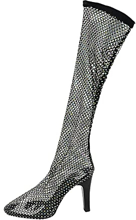 BILIKEYU Damen Einfarbig Mesh Runde Stiefel Strass Schuhe Dünne High Heels Party Lange Stiefel Spann (Black, 39)