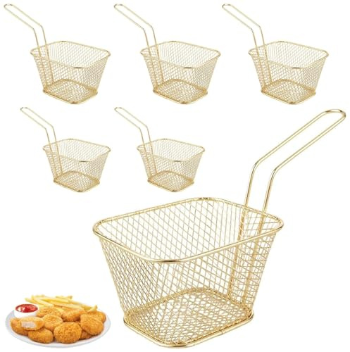 5 stycken pommeskorgar i guld, friteringskorg, små miniserveringskorgar, rostfritt stål, pommekorgar för pommes, frittyrkorgar med handtag, fritdjurskorgar för pommes, frites, räkor, lökringar