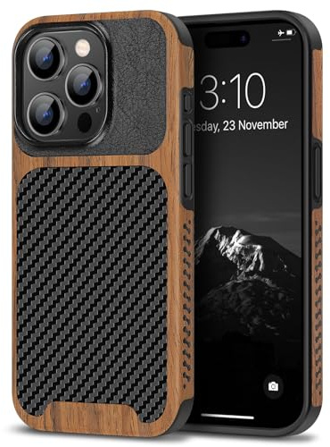 TENDLIN Kompatibel mit iPhone 15 Pro Hülle Holz und Carbon Textur Design Leder Hybrid Handyhülle (Schwarz)