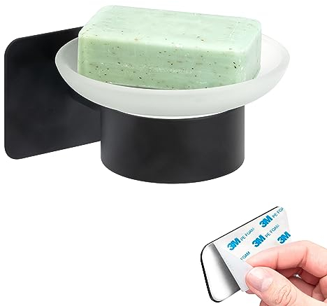 bremermann Bad-Serie Piazza Black Tape - Seifenschale selbstklebend Glas & Edelstahl, schwarz - kein Bohren 3M Klebebefestigung