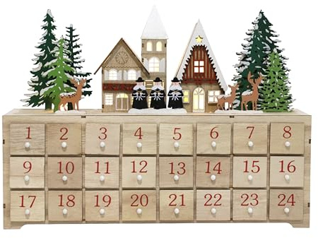 PE Calendrier de l'Avent Noël en Bois - Village de Rennes avec Éclairage LED - 24 Tiroirs à Remplir - 37.5x27x8cm (Naturel)