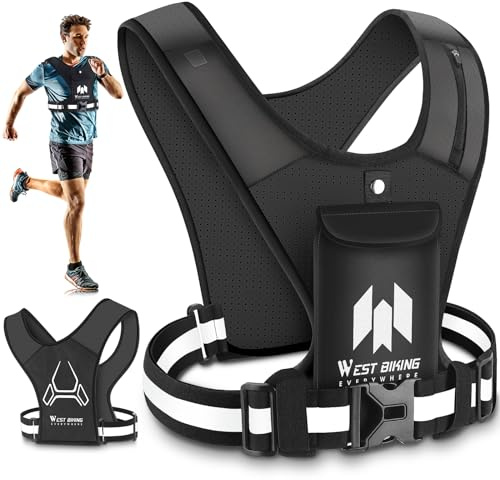 West Biking Running Vest Phone Holder | Fold-out Phone Pouch | Breathable Hi Vis Reflective Running Vest with Buckle, 2 Shoulder Pockets for Keys/Gels, Men Women Running Accessories (Standard Buckle)