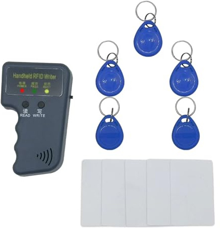 125 kHz RFID-Lesegerät, Hand-RFID-Kopierer, RFID-Leser für 125 kHz Ausweis- und Versteckkarten (mit 5 Stück T5577 Schlüsselanhänger und 5 Stück T5577 RFID-Karten)