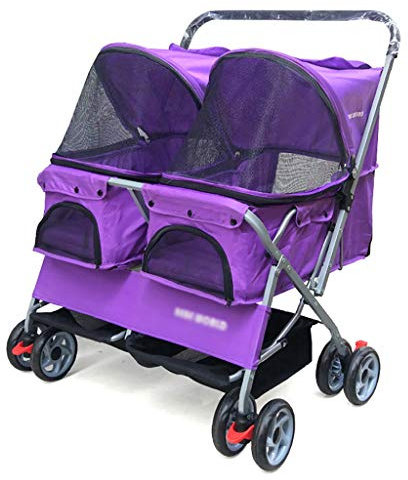 Dubbelvagn för husdjur för små medelstora hundar katter, två vovve valp eller 2 kattvagn buggy – vikbara djur husdjur hundvagnar (lila)