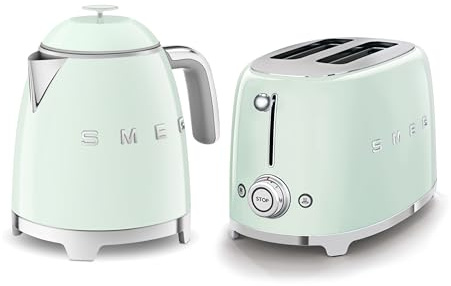 Smeg 50’s Style Retro Range Breakfast Set, 0.8L 1400W Mini Kettle and Multi-Functional Control 2-Slice 950W Toaster, Pastel Green, KLF05PGUK/ TSF01PGUK