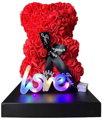 GMM Orsetto di Rose, Orsetto di fiori di Rosa, Orsacchiotto Rose Altezza 25 cm, Idea Regalo d’Amore, Decorazione Compleanno, Anniversario, San Valentino, decorazione LOVE luminosa inclusa.