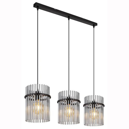 GLOBO Hängeleuchte Wohnzimmerlampe Pendellampe Esszimmerleuchte Deckenleuchte, Metall schwarz Glasstäbe rauchfarben, 3 Flammig E27, L 80 cm