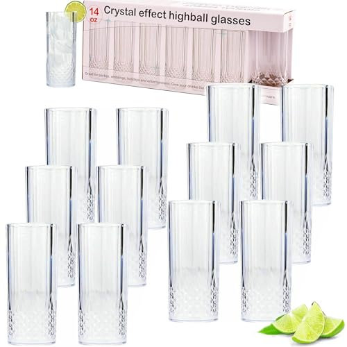 Buystarget 12x Crystal Effect Long Drink Glasses Plastic Highball Whiskey Wine Champagne Flute Glasses Tumblers Drinks Cups Durable Reusable Clear Vintage Table Glassware Hi-Ball BPA Free
