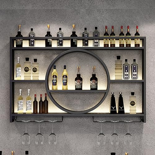 Estante de vino montado en la pared con luz , unidad de barra flotante estante de exhibición de botellas de licor, estante de almacenamiento multifuncional con soporte para copas de (100x15x80cm)