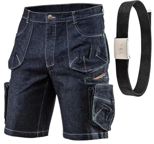 NEO TOOLS Short de Travail Homme - Pantalon de Travail Bermuda avec Ceinture de Travail - Taille 48(S) à 58(3XL) - Aspect Jean Pantalon de Travail Court pour Hommes - Pantalon de Travail D'été