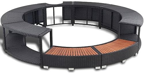 Borde jacuzzi polirratán, accesorio spa elegante. Funcional con almacenaje integrado y espacio para cargador. Marco acero y eucalipto resistente. Ideal exterior, fácil uso. Estilo moderno, durabilidad