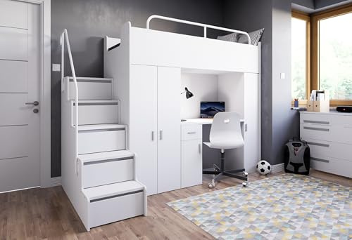 Marlux-Meble Hochbett Kinderbett JSM-5 90x200 mit Kleiderschrank Schreibtisch und Treppe Matt Etagenbett Stockbett Jugendhochbett (Weiß)