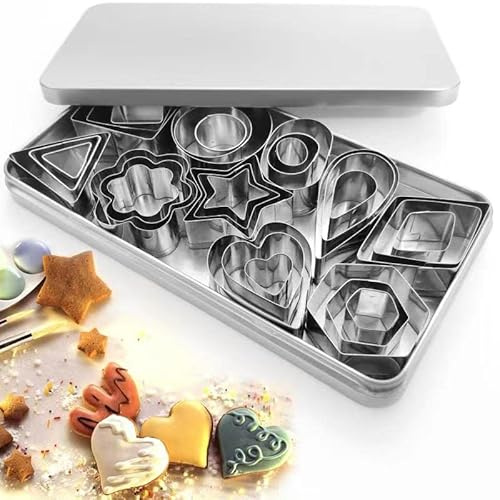 30Pcs Small Cookie Cutter Set with Box, Stainless Steel Fruit Veggie Polymer Clay Cutters Tools for Kids, Geometric Biscuit Mini Cookie Cutters Mold for Cake, Biscuit, Fruit Decorations and So on